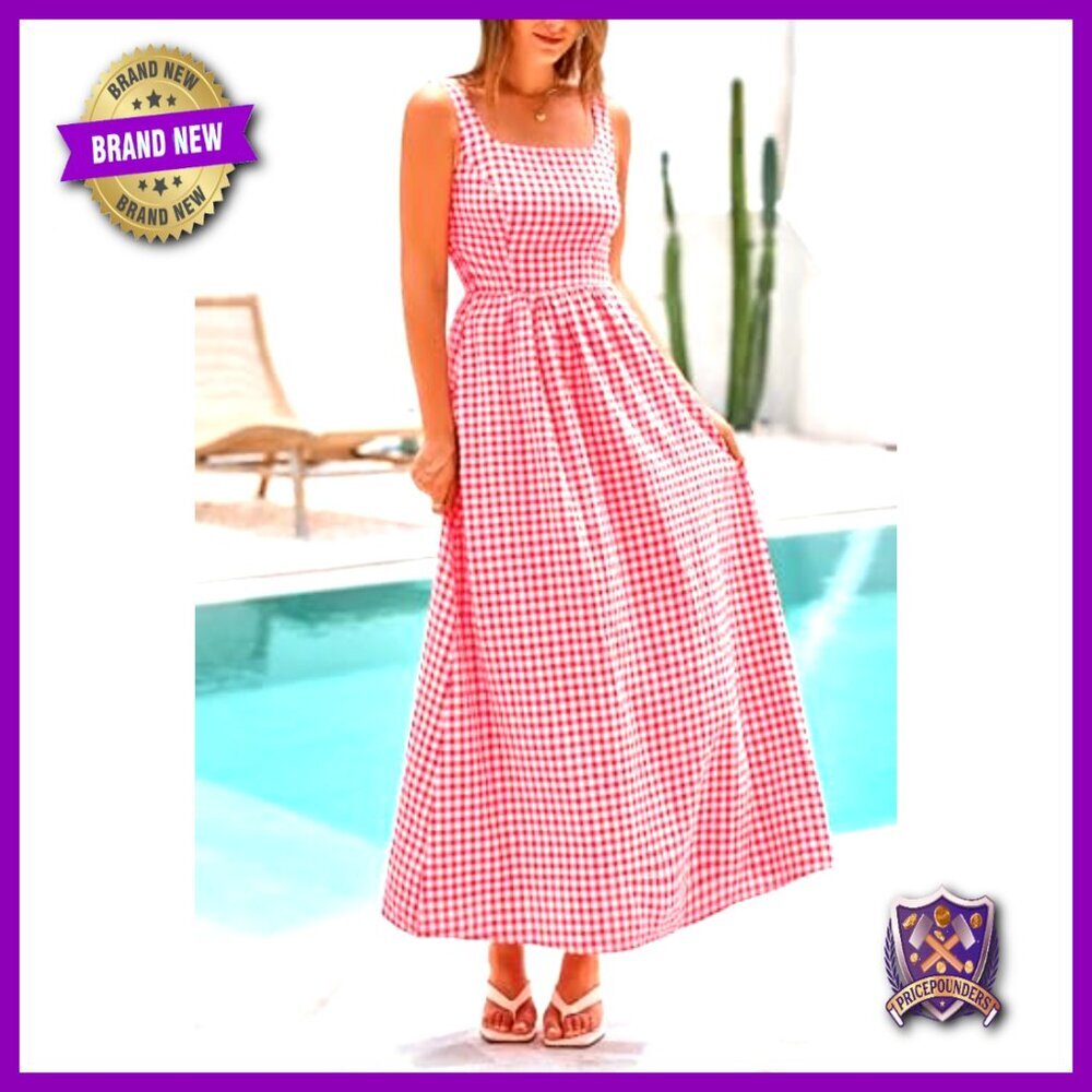 Plaid Square Neck Maxi Dress Spaghetti Strap Smocked Back A-Line Casual - Picture 6 of 7